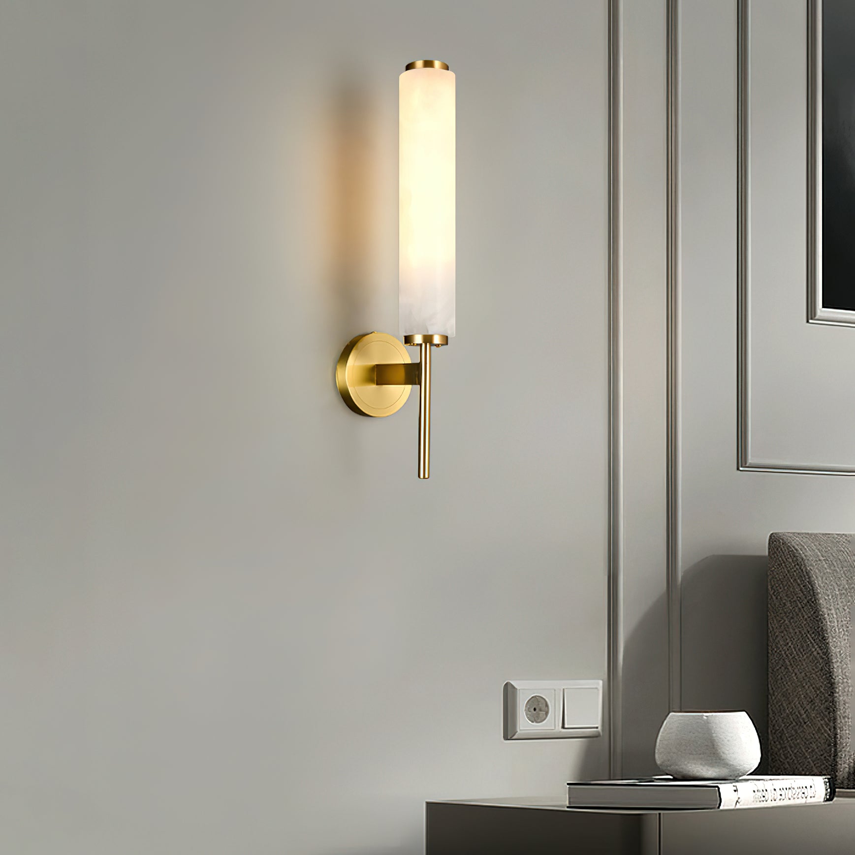 Modern Alabaster Cylinder Wall Sconce with Antique Brass Finish for Luxury Hallway and Bedroom Lighting