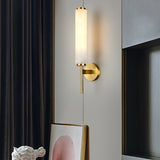 Modern Alabaster Cylinder Wall Sconce with Antique Brass Finish for Luxury Hallway and Bedroom Lighting