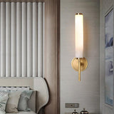 Modern Alabaster Cylinder Wall Sconce with Antique Brass Finish for Luxury Hallway and Bedroom Lighting