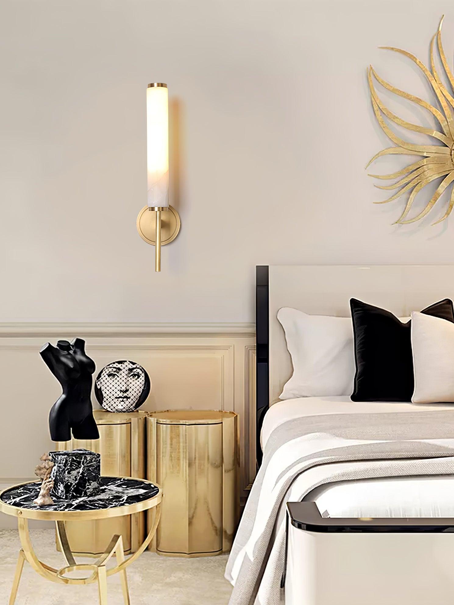 Modern Alabaster Cylinder Wall Sconce with Antique Brass Finish for Luxury Hallway and Bedroom Lighting