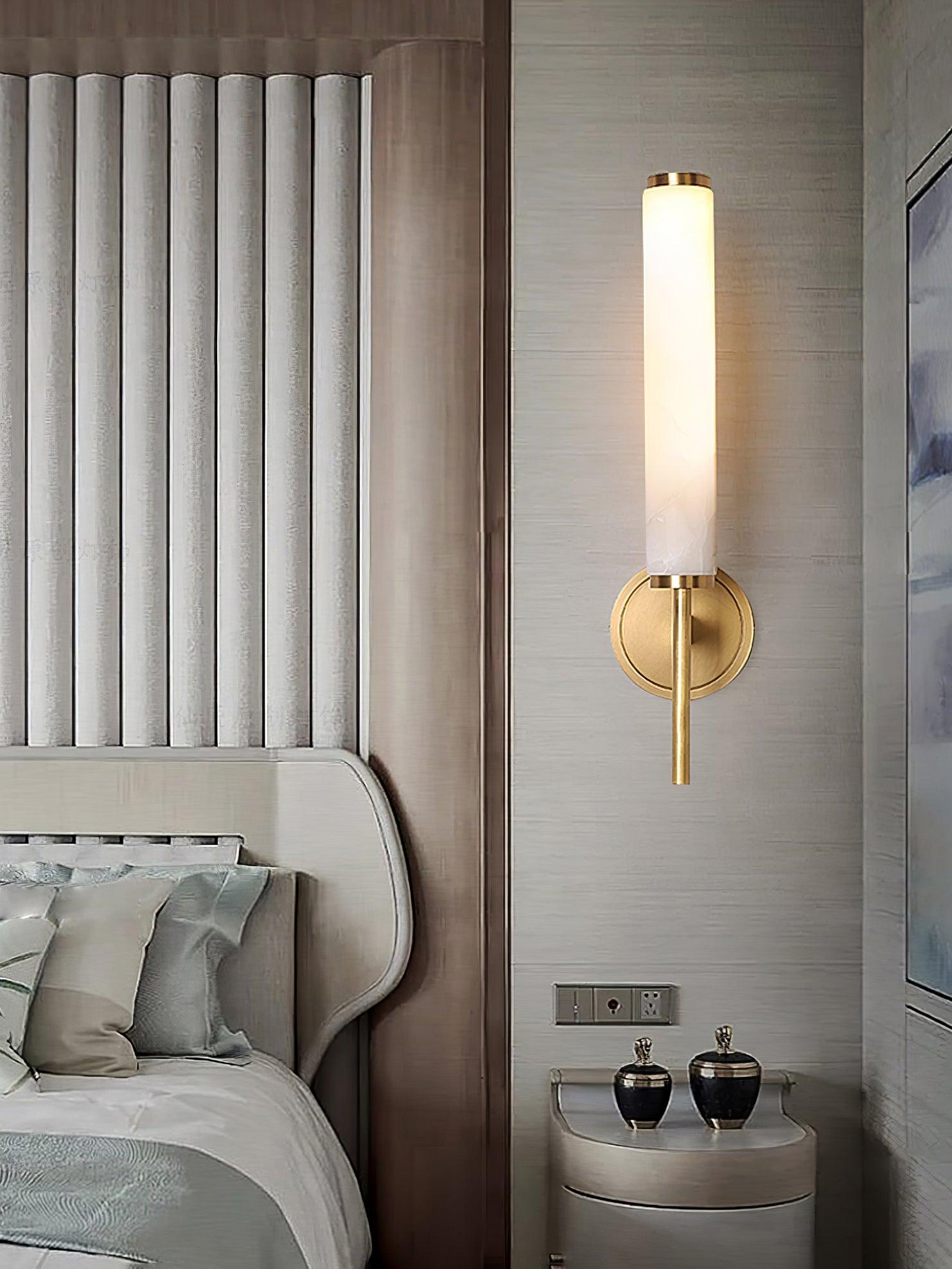 Modern Alabaster Cylinder Wall Sconce with Antique Brass Finish for Luxury Hallway and Bedroom Lighting