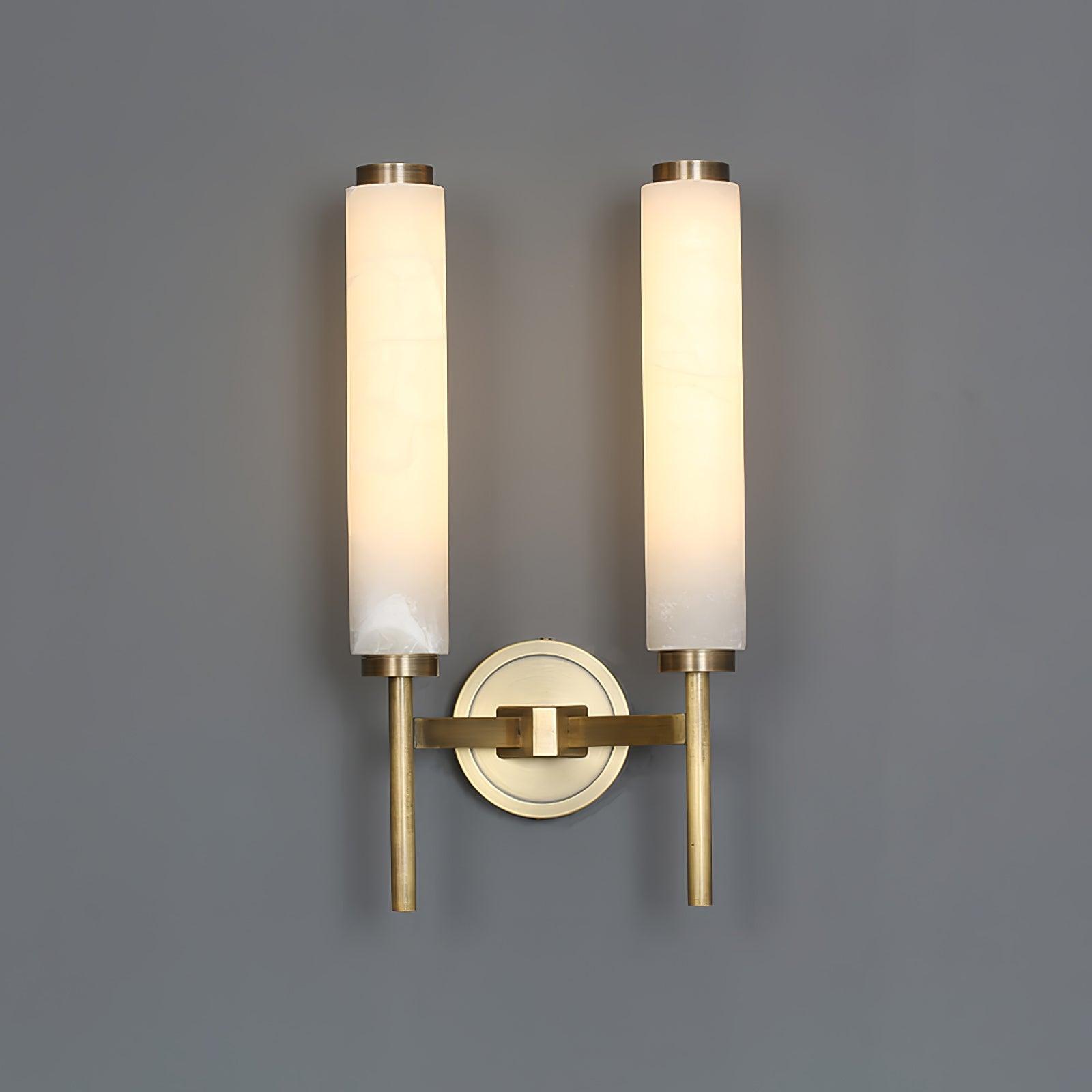 Modern Alabaster Cylinder Wall Sconce with Antique Brass Finish for Luxury Hallway and Bedroom Lighting