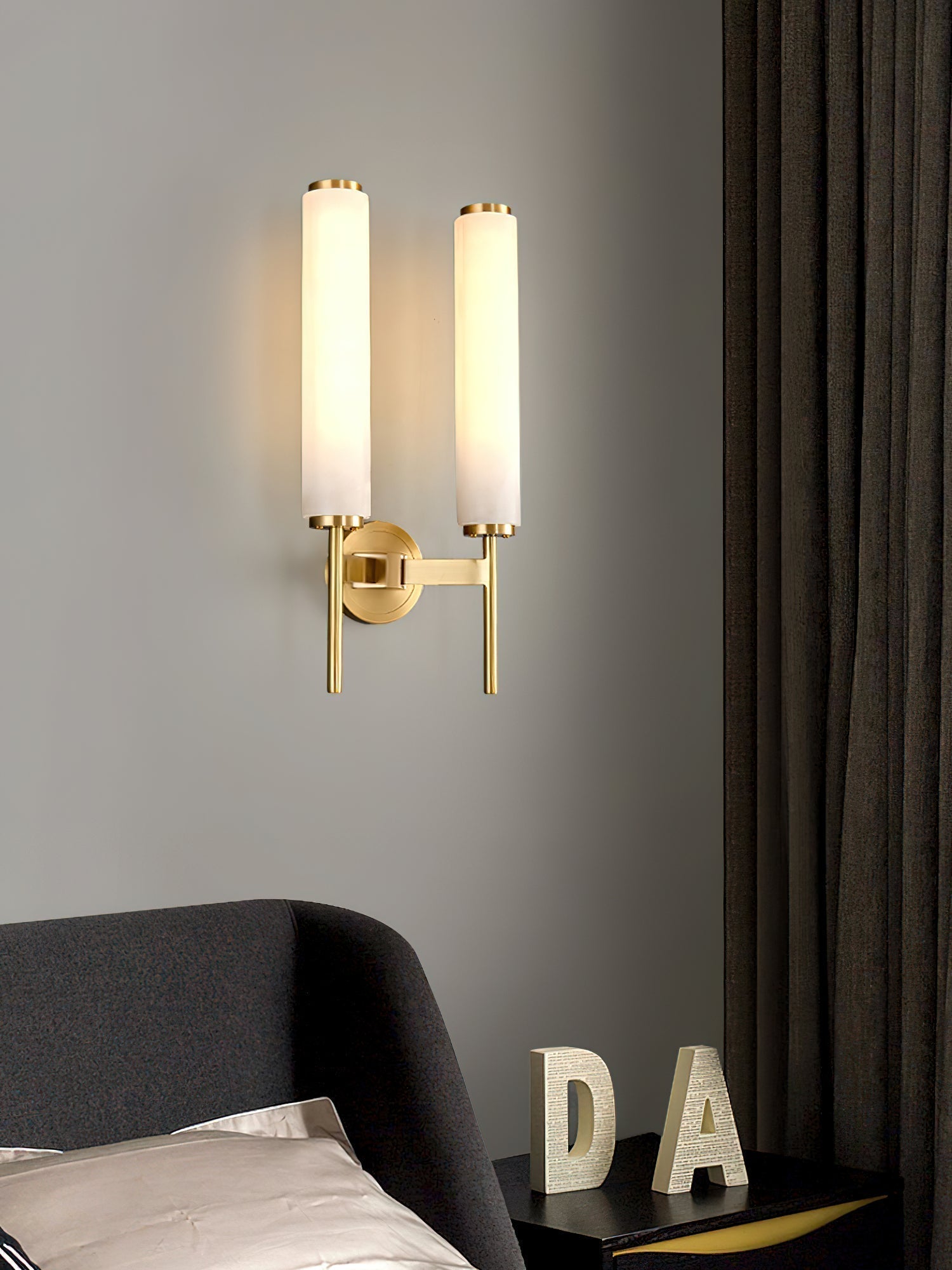 Modern Alabaster Cylinder Wall Sconce with Antique Brass Finish for Luxury Hallway and Bedroom Lighting