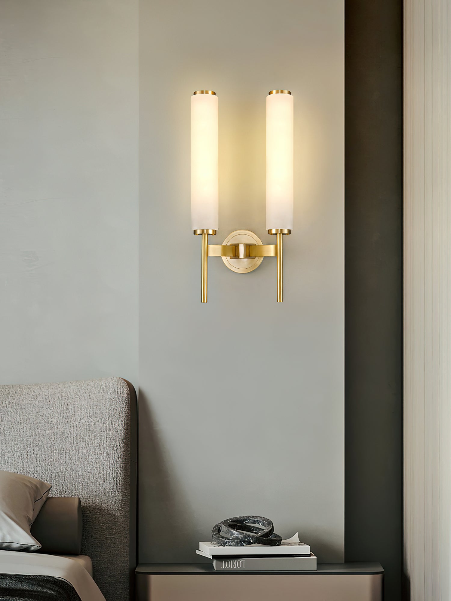 Modern Alabaster Cylinder Wall Sconce with Antique Brass Finish for Luxury Hallway and Bedroom Lighting
