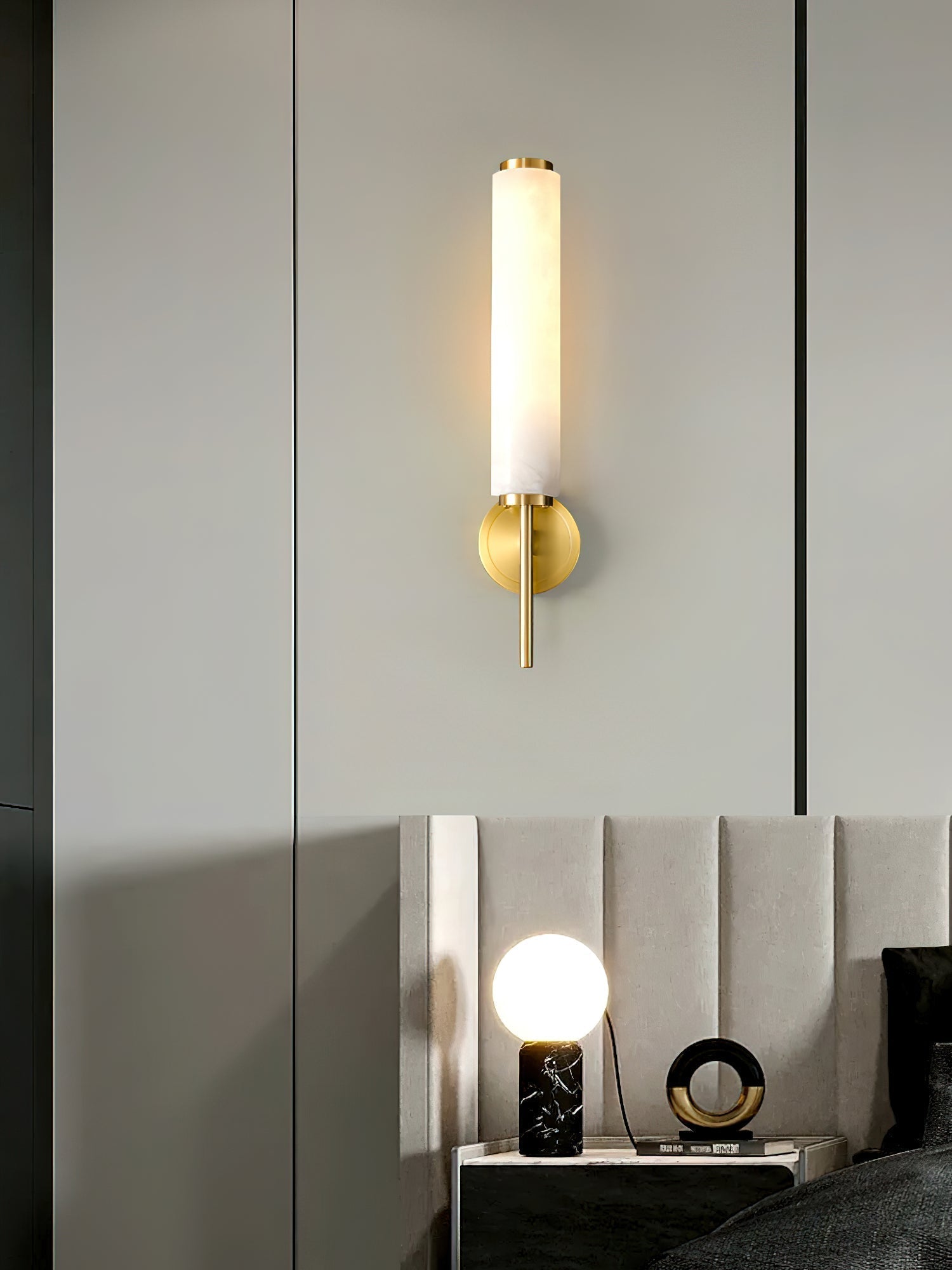 Modern Alabaster Cylinder Wall Sconce with Antique Brass Finish for Luxury Hallway and Bedroom Lighting