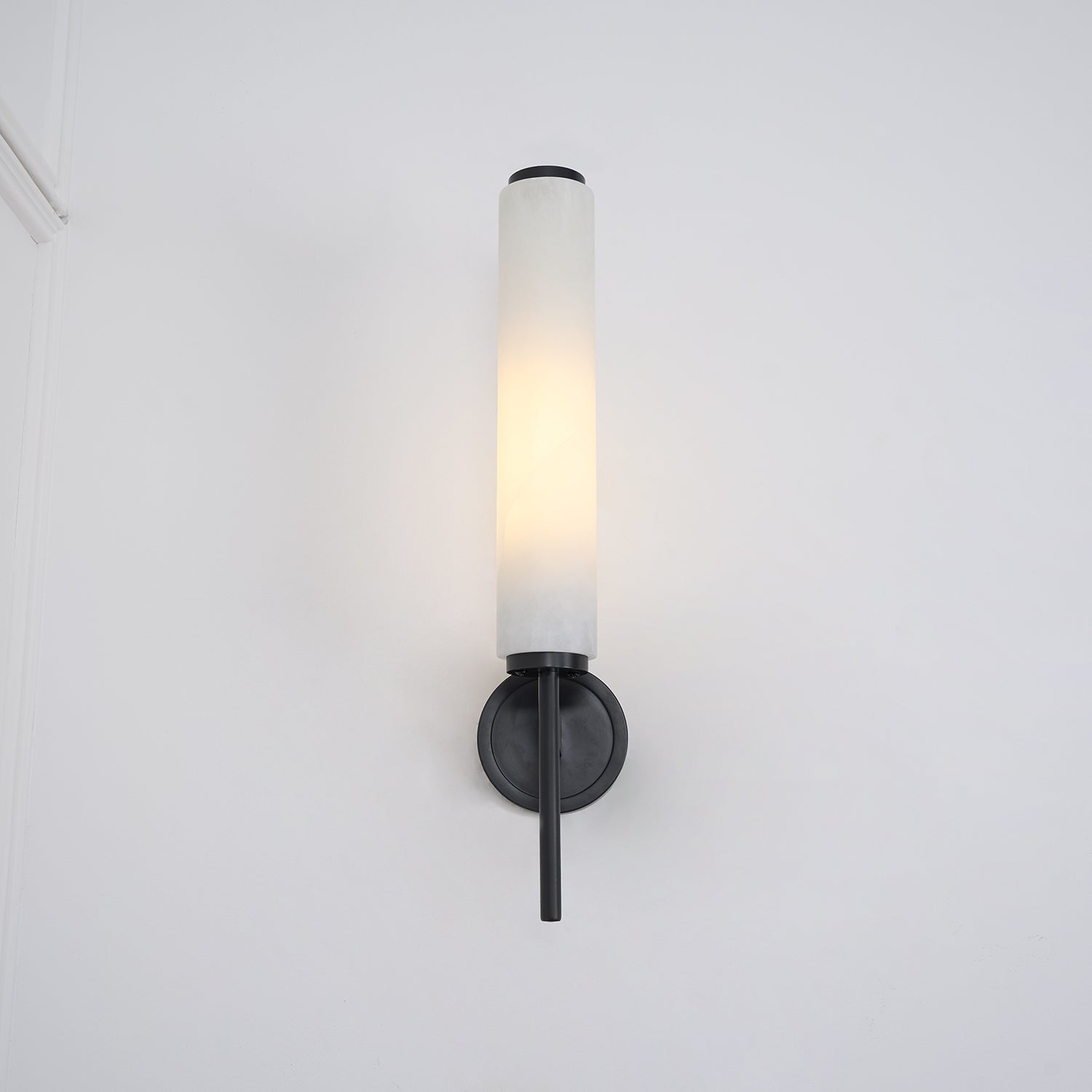 Modern Alabaster Cylinder Wall Sconce with Antique Brass Finish for Luxury Hallway and Bedroom Lighting