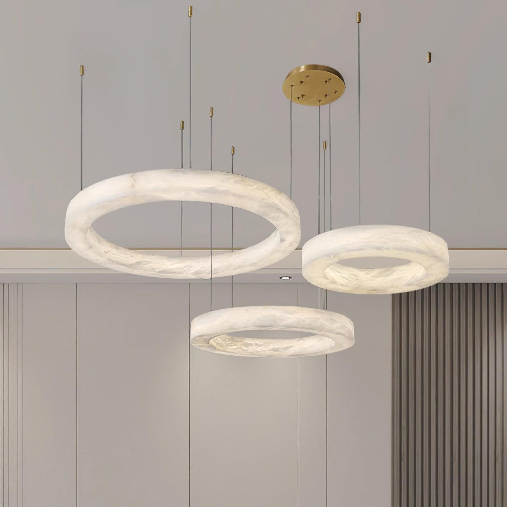 Modern Alabaster LED Ring Chandelier Contemporary Brass Circular Pendant Light
