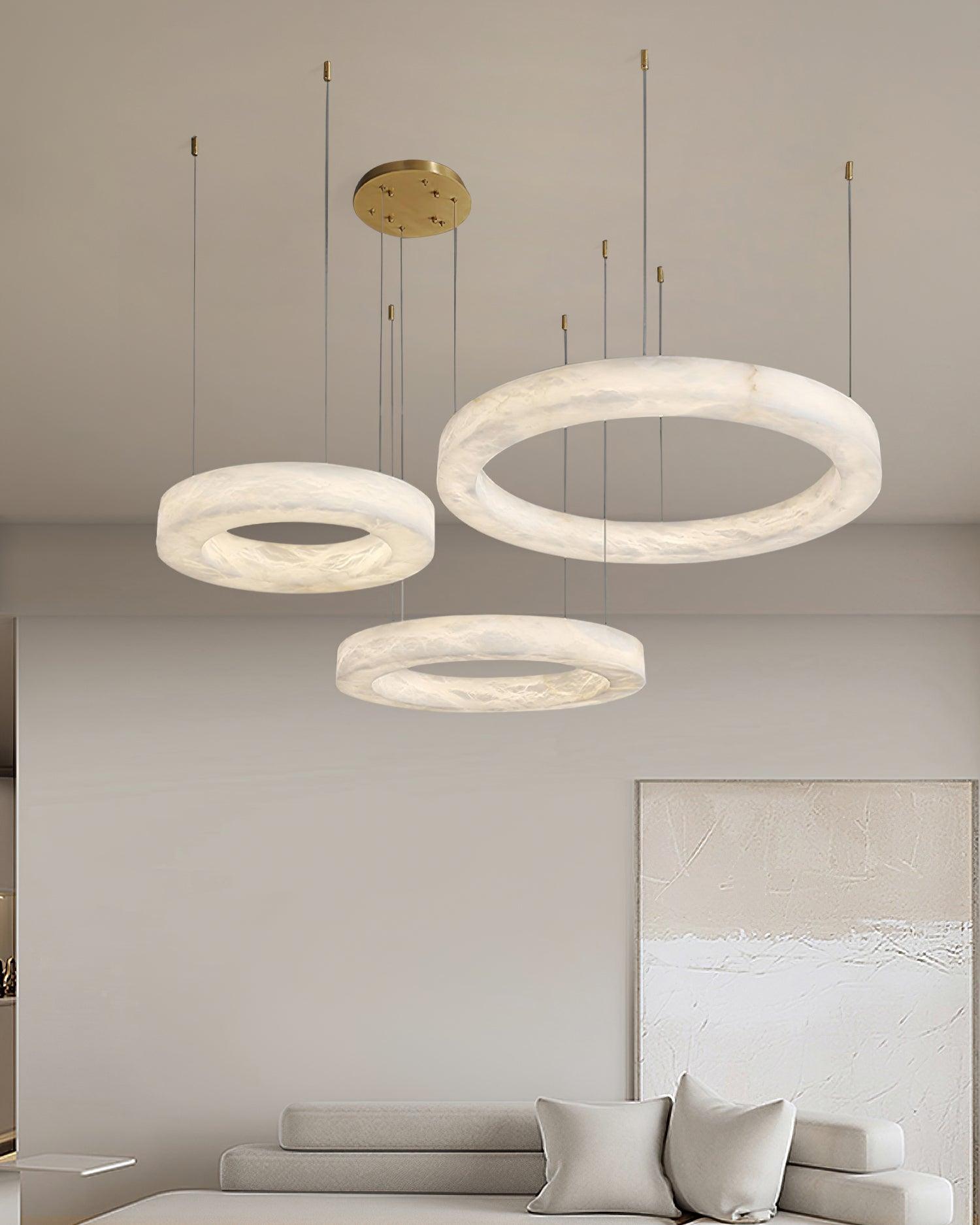 Modern Alabaster LED Ring Chandelier Contemporary Brass Circular Pendant Light