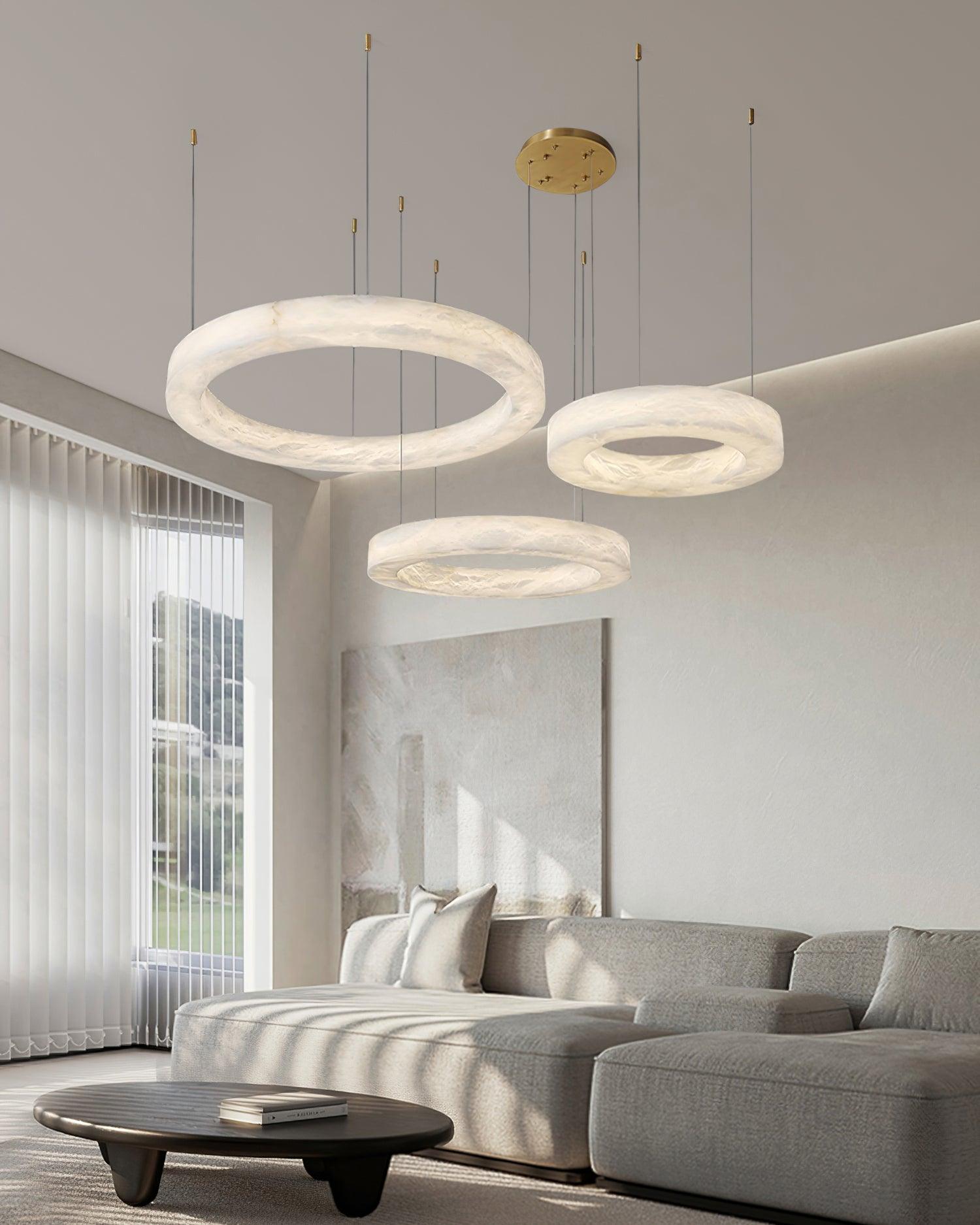 Modern Alabaster LED Ring Chandelier Contemporary Brass Circular Pendant Light