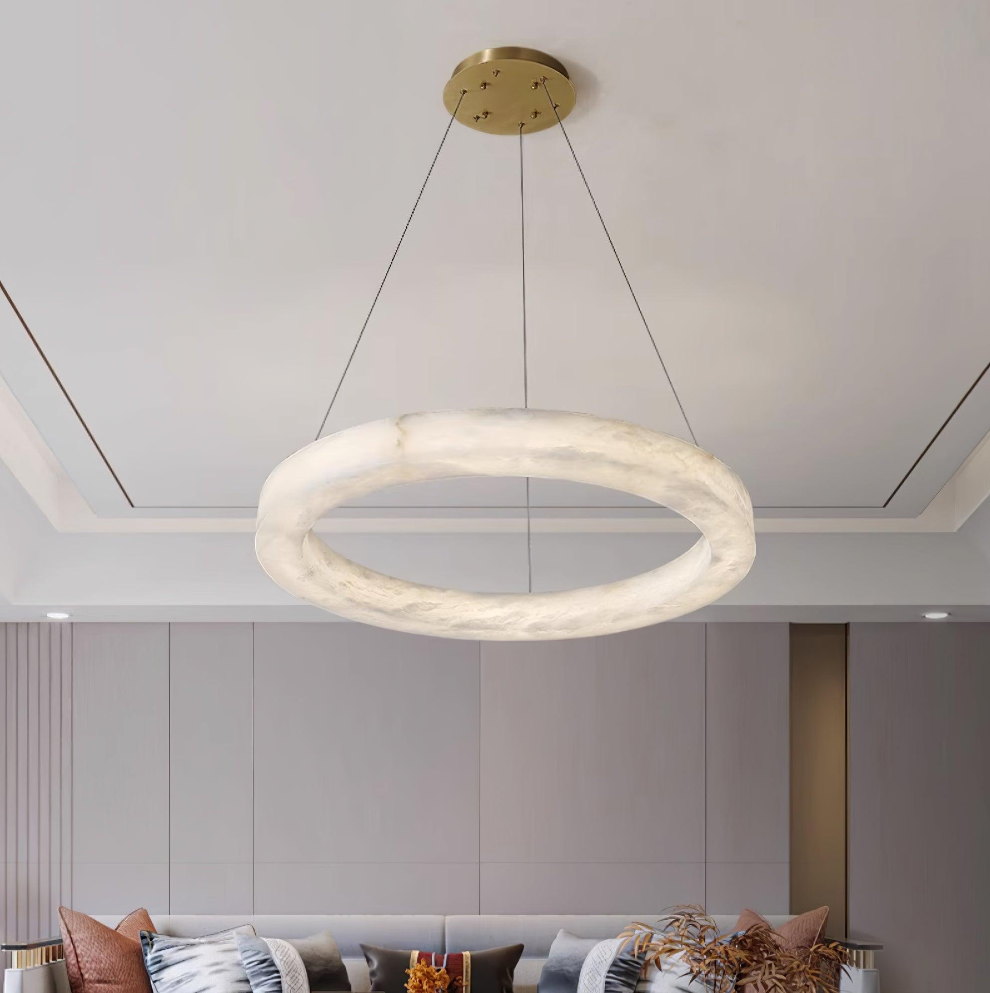 Modern Alabaster LED Ring Chandelier Contemporary Brass Circular Pendant Light