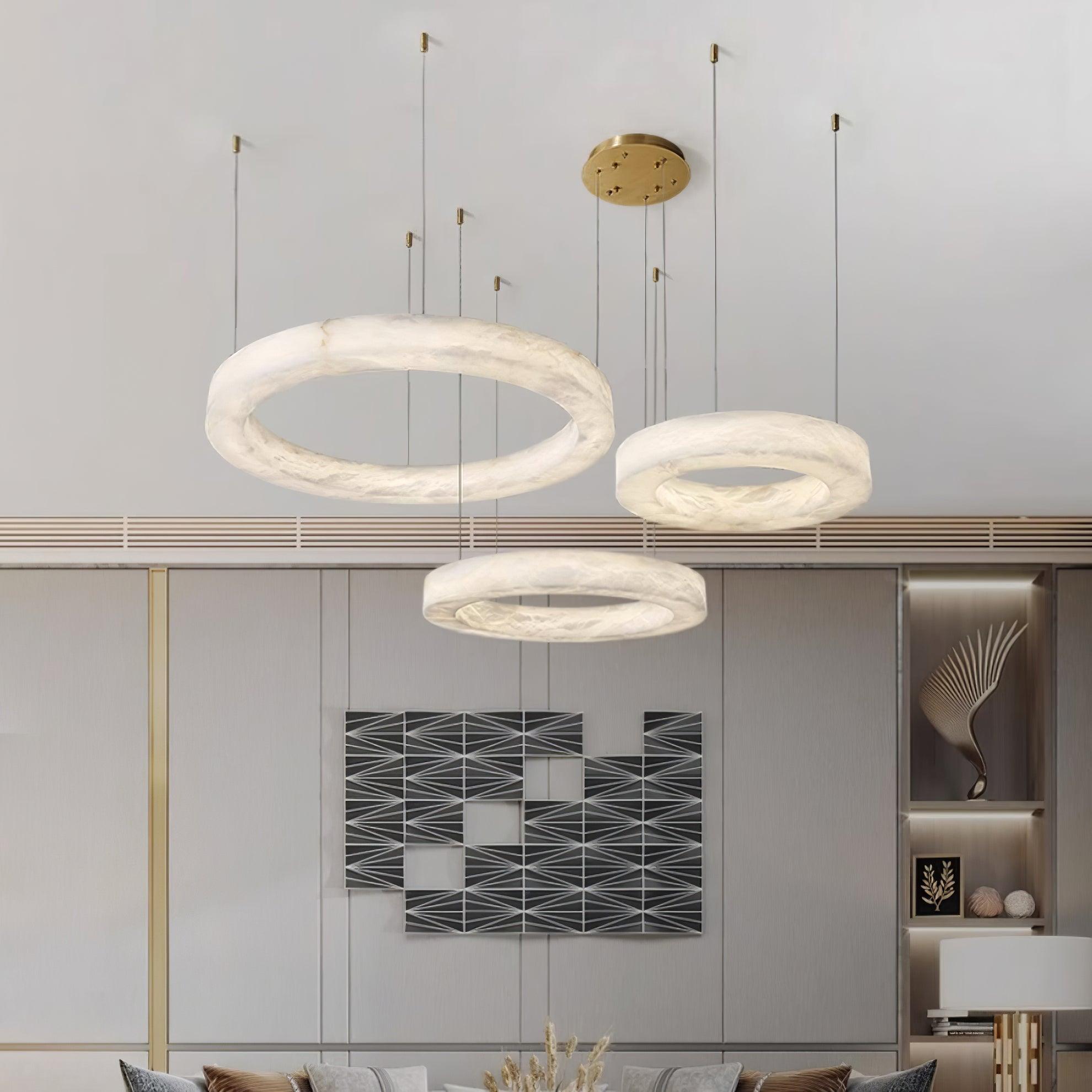 Modern Alabaster LED Ring Chandelier Contemporary Brass Circular Pendant Light