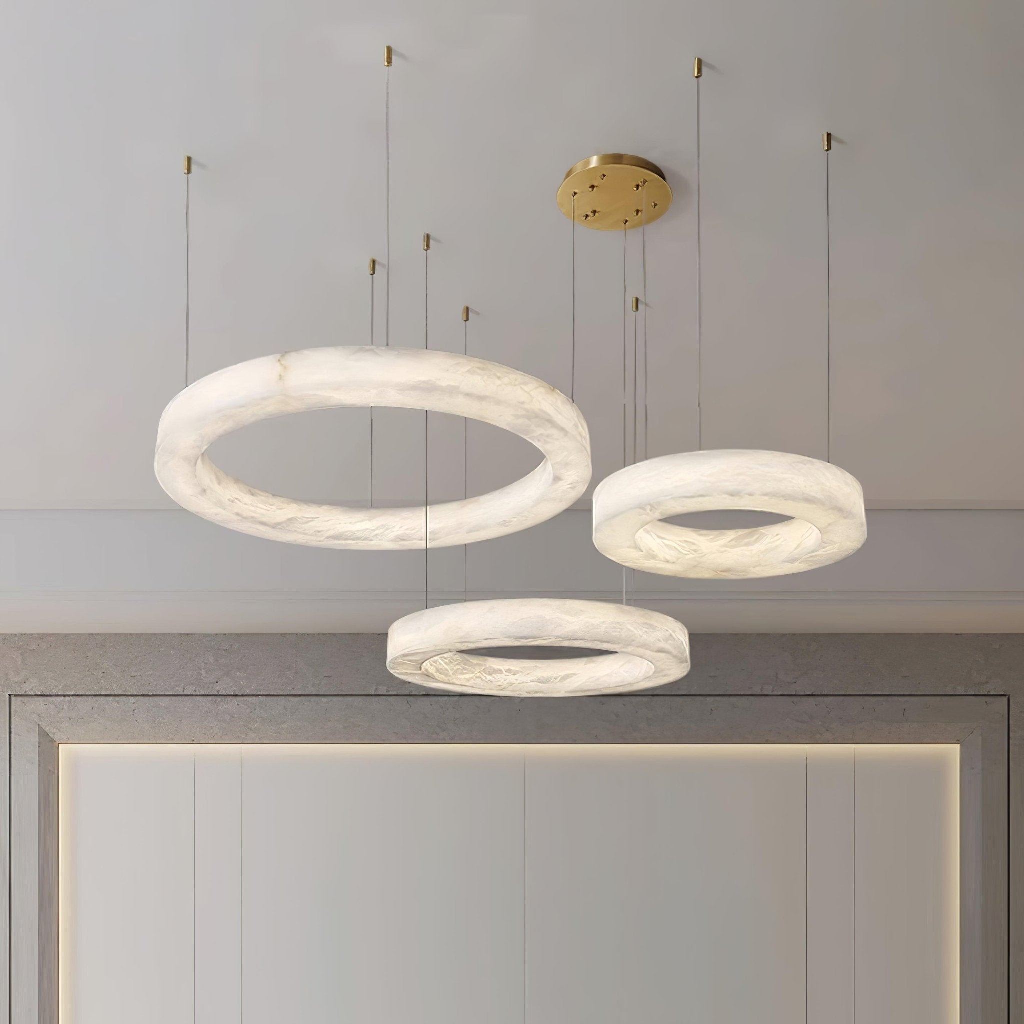 Modern Alabaster LED Ring Chandelier Contemporary Brass Circular Pendant Light