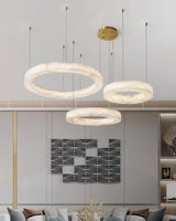 Modern Alabaster LED Ring Chandelier Contemporary Brass Circular Pendant Light
