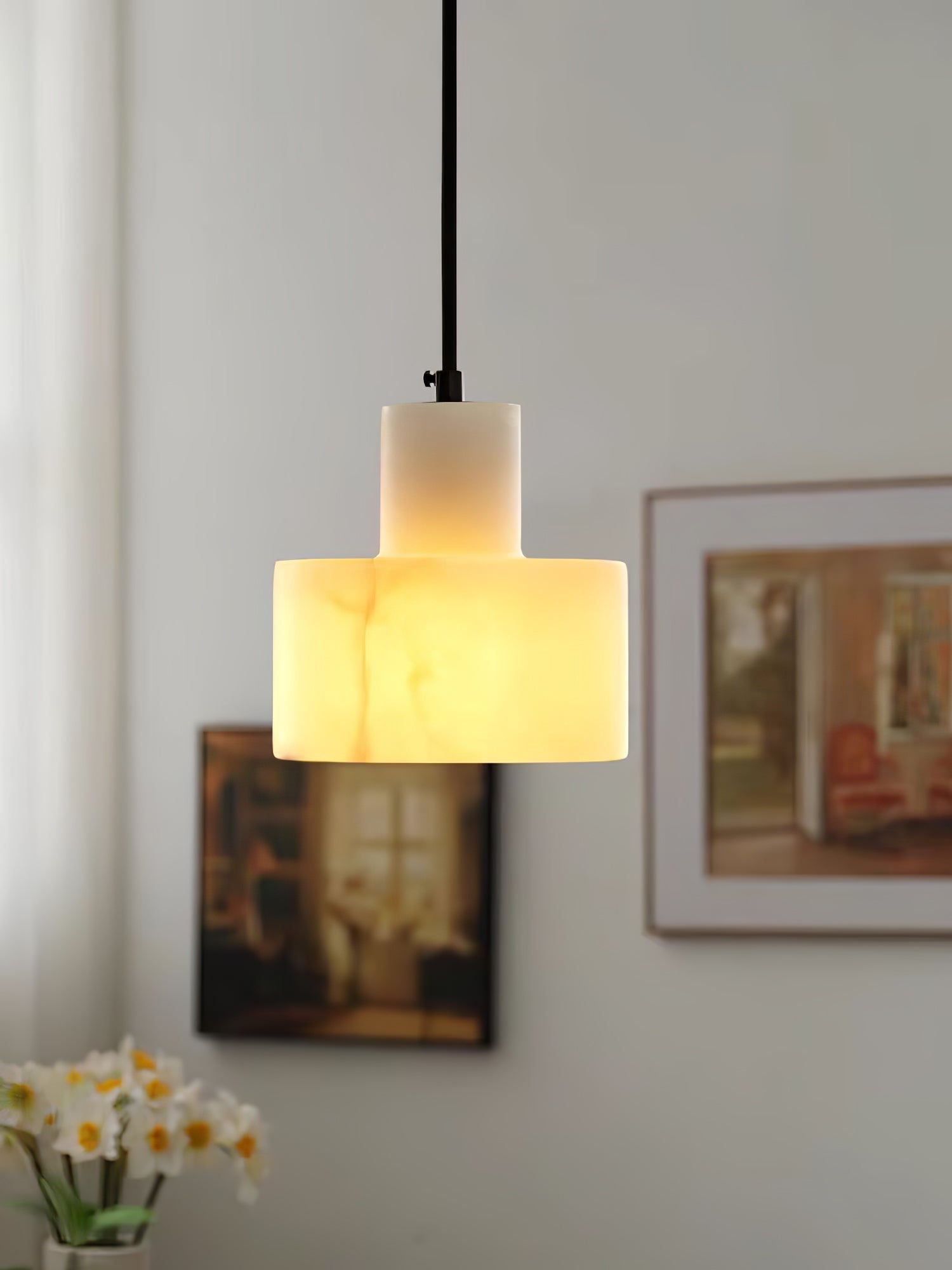 Modern Alabaster Pendant Light Minimalist Natural Stone Cylinder Hanging Lamp for Indoor Use