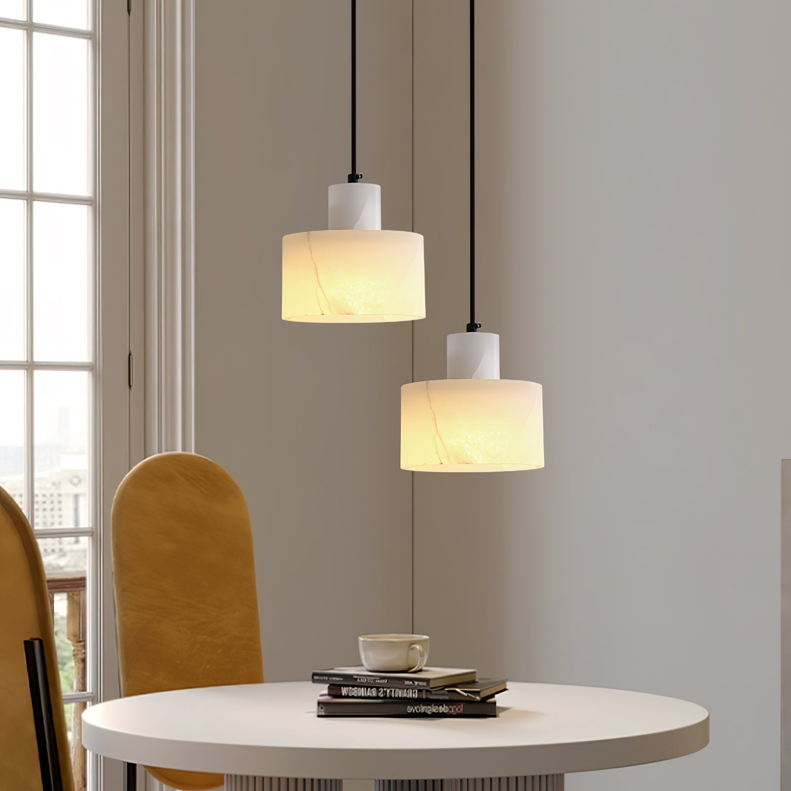Modern Alabaster Pendant Light Minimalist Natural Stone Cylinder Hanging Lamp for Indoor Use
