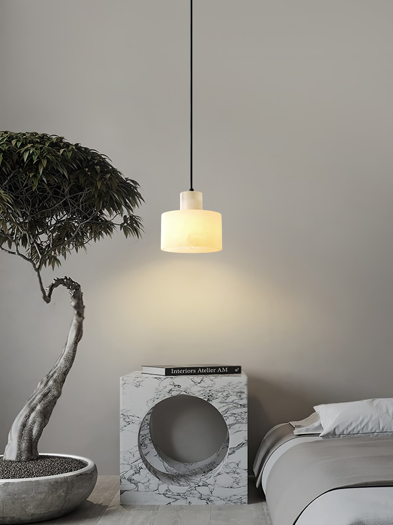 Modern Alabaster Pendant Light Minimalist Natural Stone Cylinder Hanging Lamp for Indoor Use