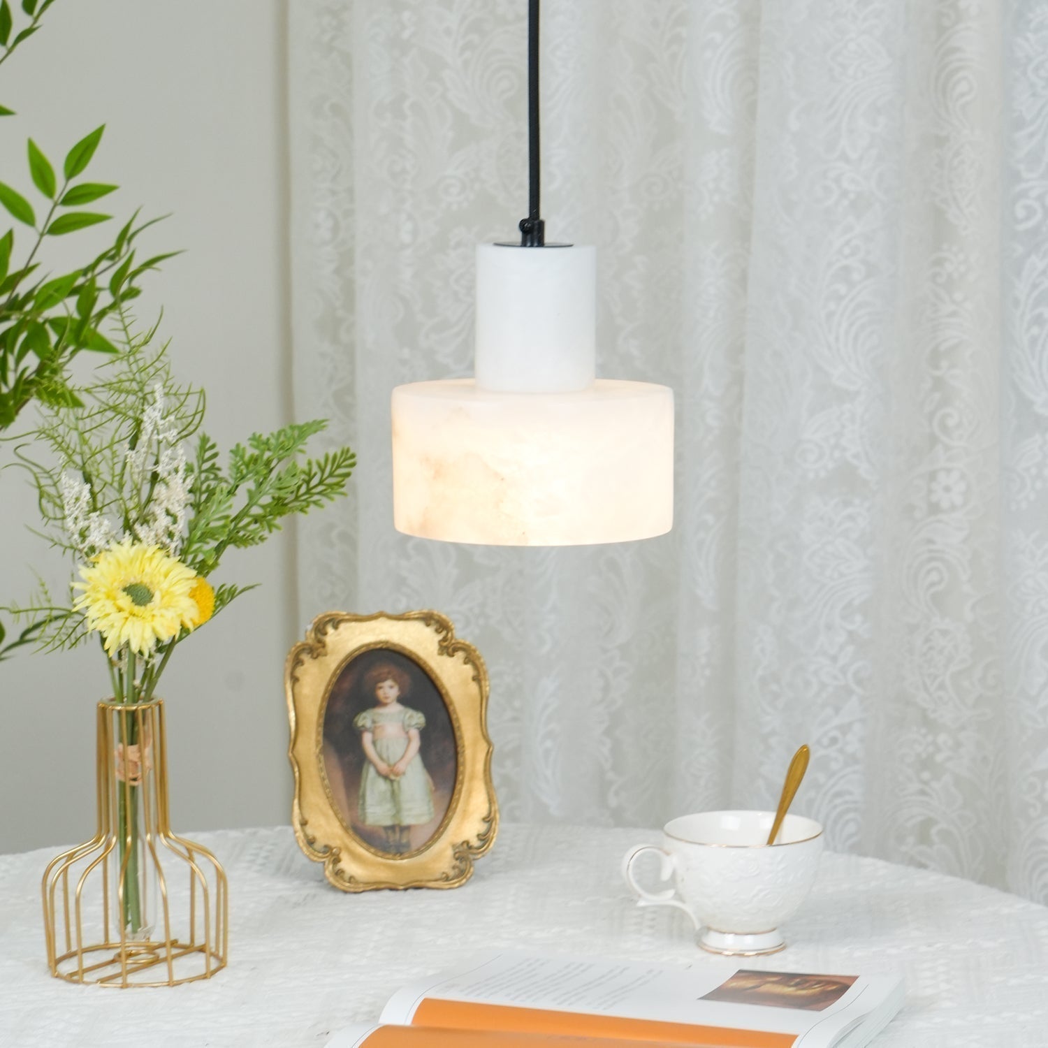 Modern Alabaster Pendant Light Minimalist Natural Stone Cylinder Hanging Lamp for Indoor Use