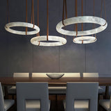 Modern Alabaster Ring LED Pendant Light with Leather Strap Detail
