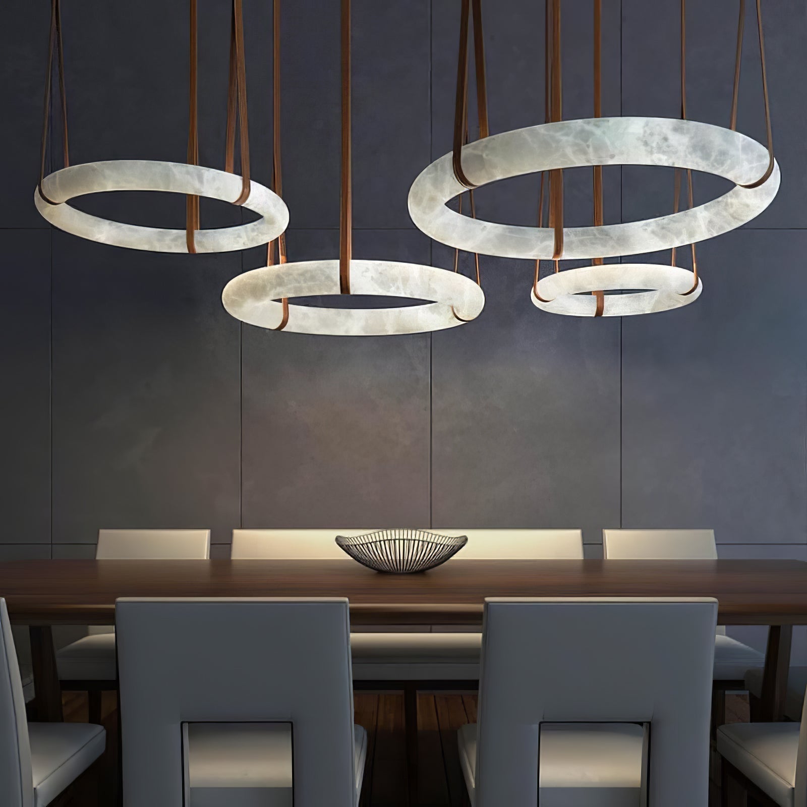 Modern Alabaster Ring LED Pendant Light with Leather Strap Detail