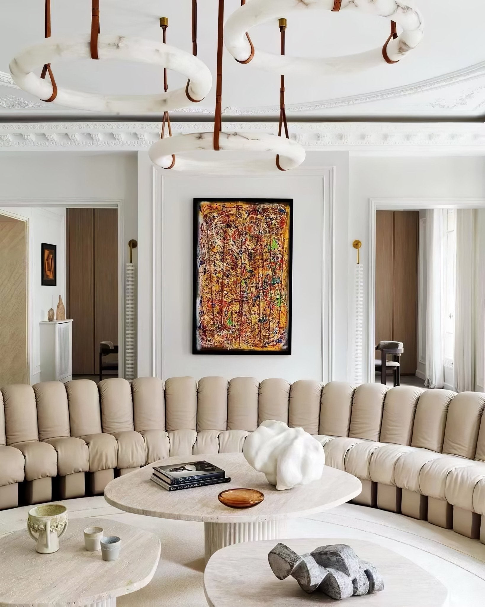 Modern Alabaster Ring LED Pendant Light with Leather Strap Detail