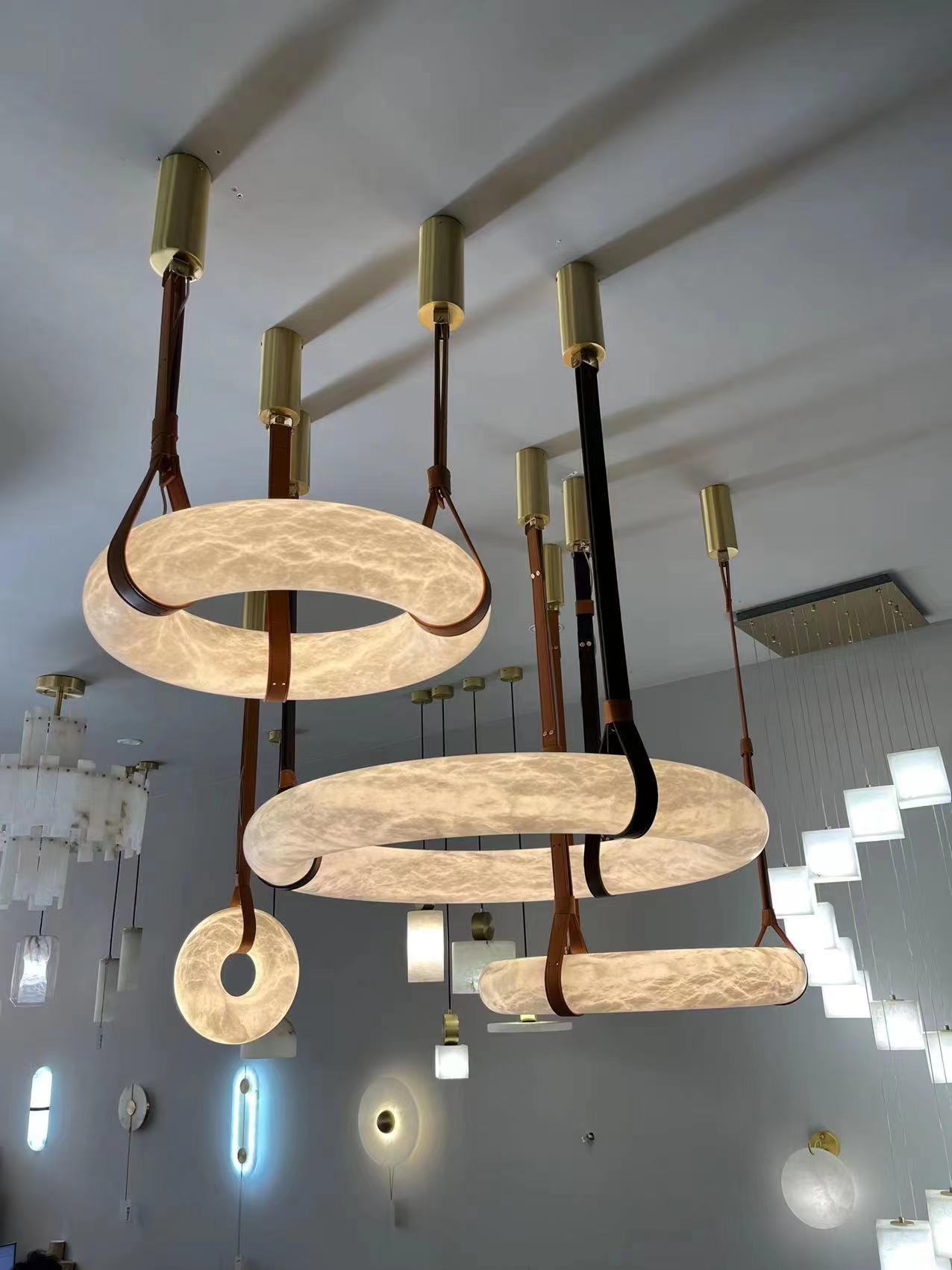Modern Alabaster Ring LED Pendant Light with Leather Strap Detail