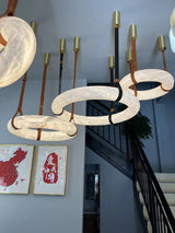Modern Alabaster Ring LED Pendant Light with Leather Strap Detail