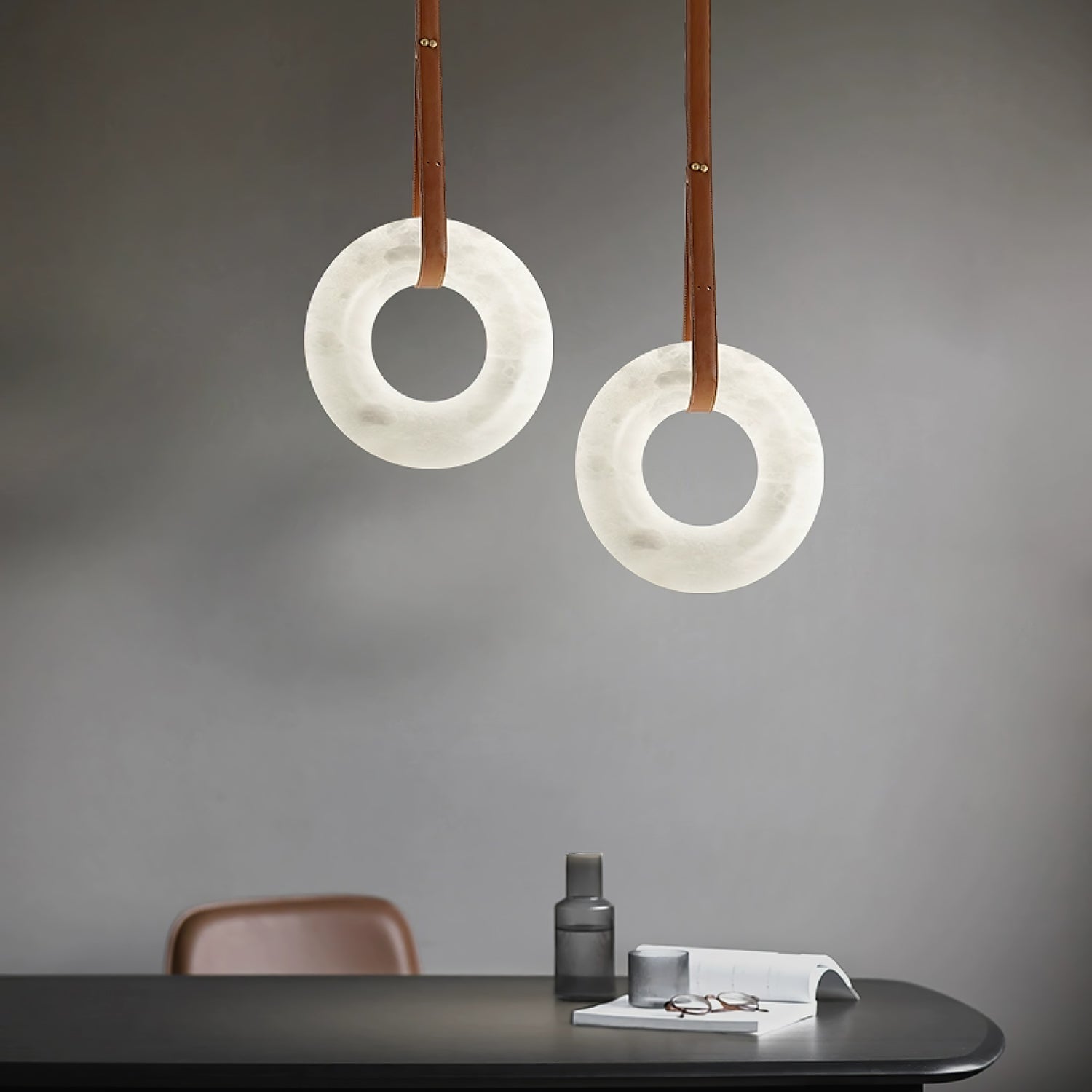 Modern Alabaster Ring LED Pendant Light with Leather Strap Detail