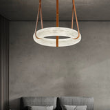 Modern Alabaster Ring LED Pendant Light with Leather Strap Detail