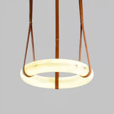 Modern Alabaster Ring LED Pendant Light with Leather Strap Detail