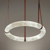 Modern Alabaster Ring LED Pendant Light with Leather Strap Detail