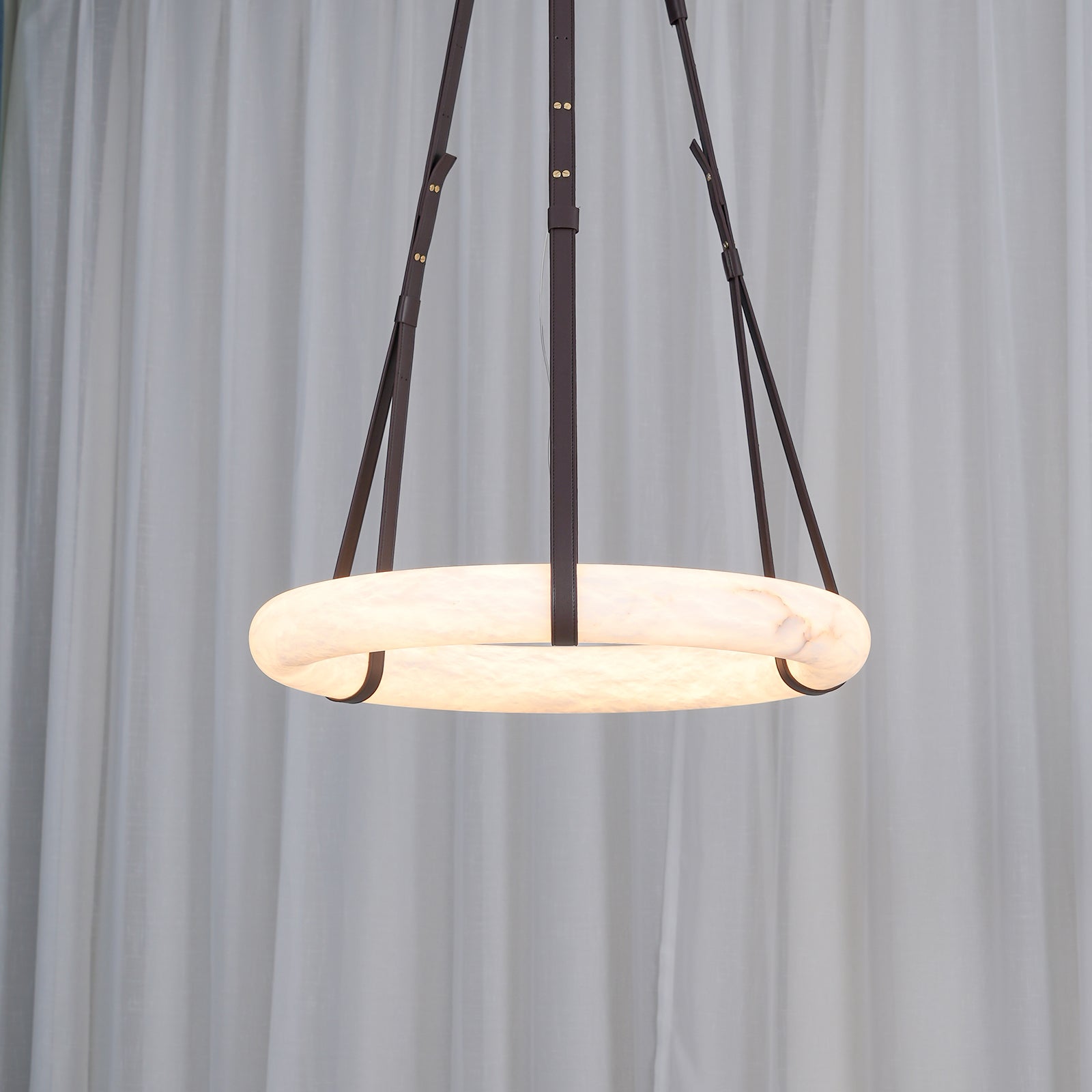 Modern Alabaster Ring LED Pendant Light with Leather Strap Detail