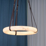 Modern Alabaster Ring LED Pendant Light with Leather Strap Detail
