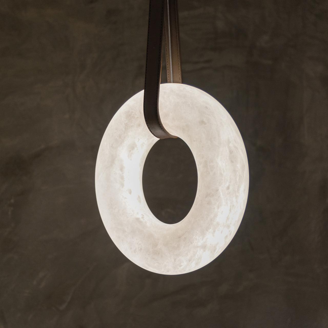Modern Alabaster Ring LED Pendant Light with Leather Strap Detail