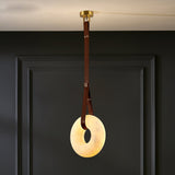 Modern Alabaster Ring LED Pendant Light with Leather Strap Detail