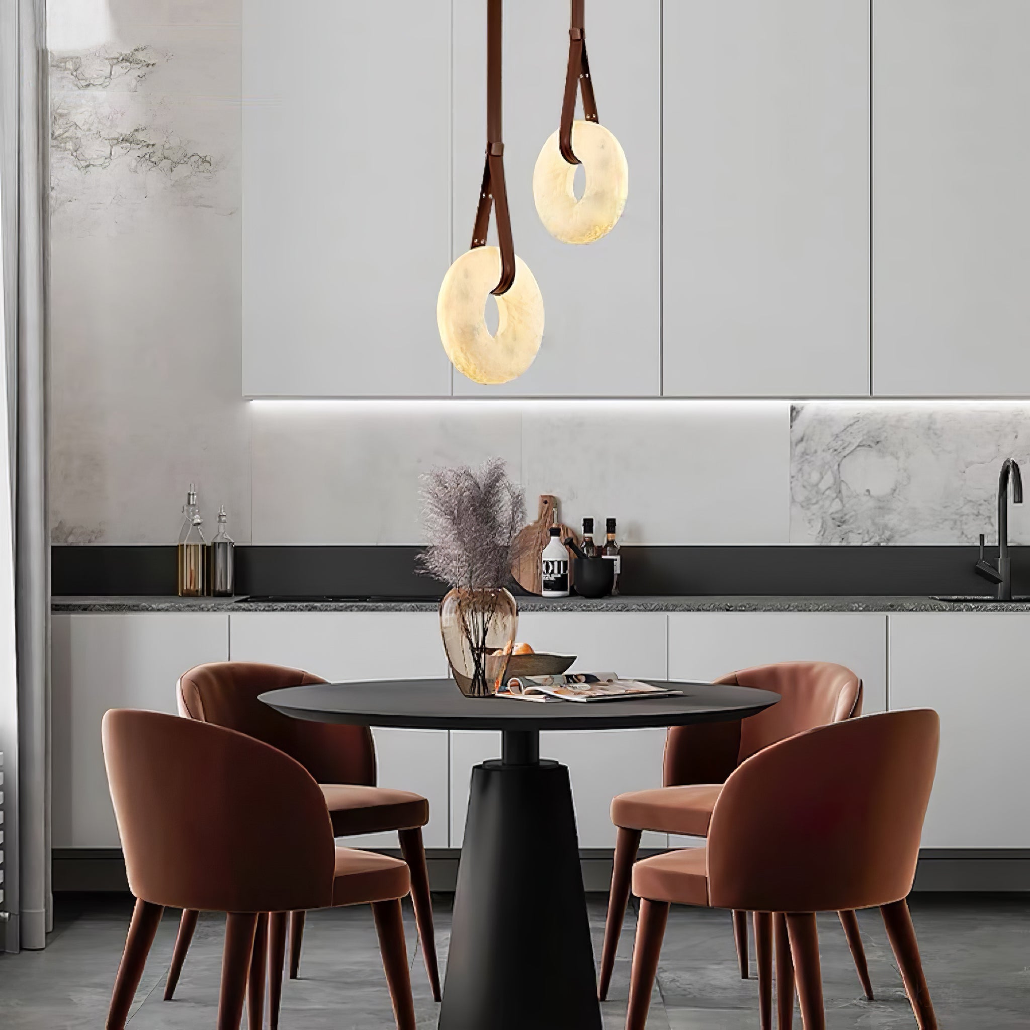 Modern Alabaster Ring LED Pendant Light with Leather Strap Detail