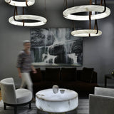 Modern Alabaster Ring LED Pendant Light with Leather Strap Detail