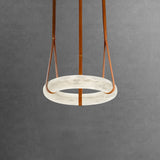 Modern Alabaster Ring LED Pendant Light with Leather Strap Detail