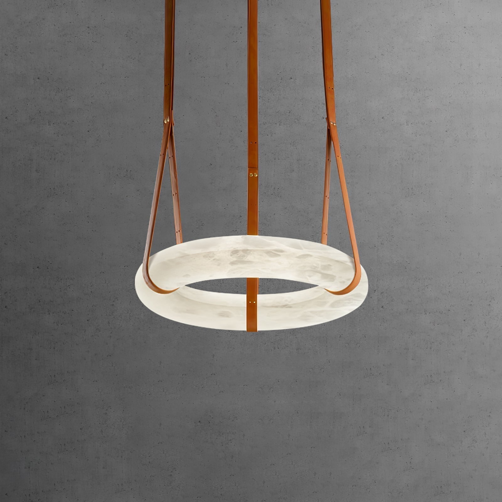 Modern Alabaster Ring LED Pendant Light with Leather Strap Detail