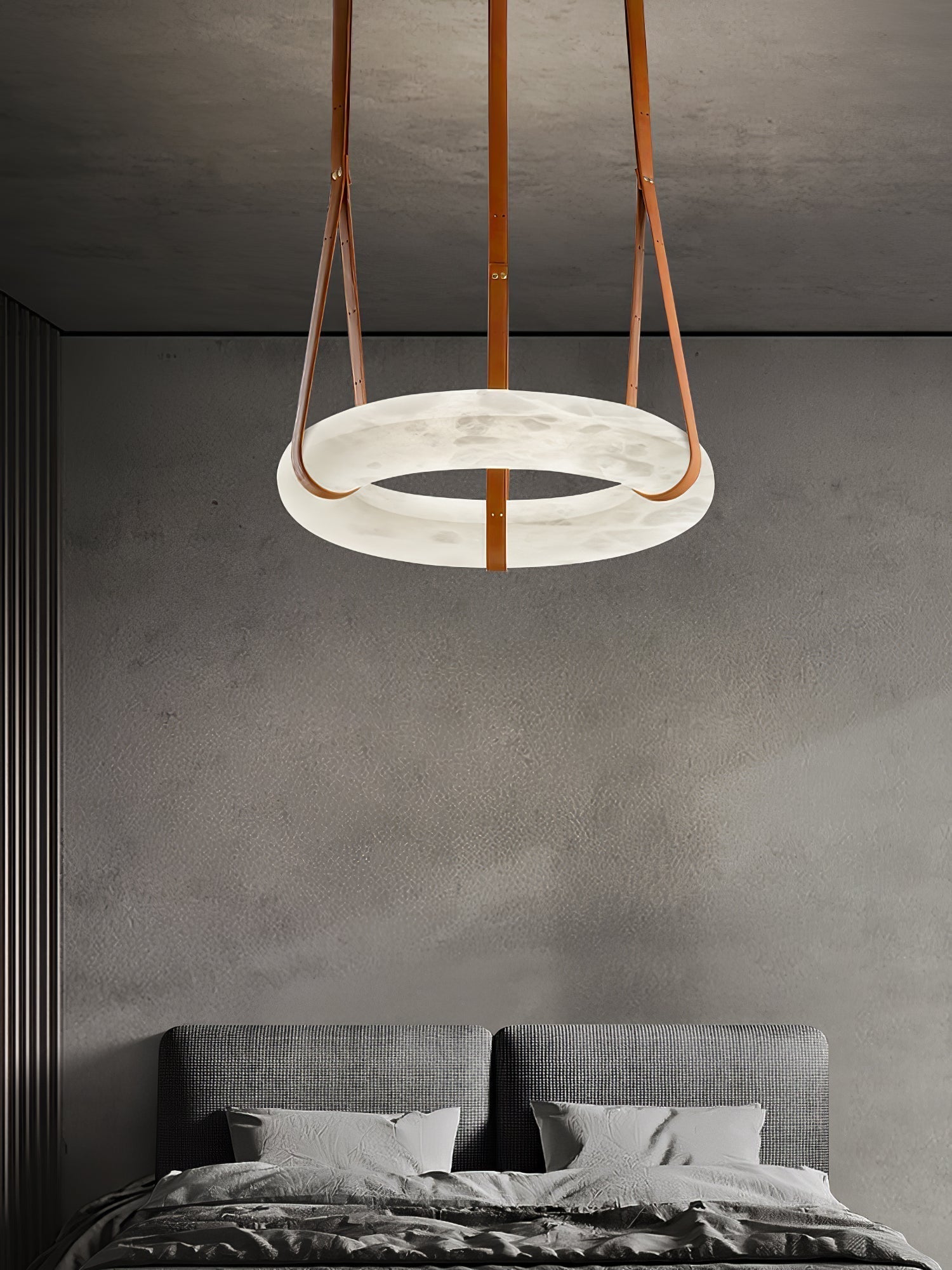 Modern Alabaster Ring LED Pendant Light with Leather Strap Detail