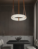 Modern Alabaster Ring LED Pendant Light with Leather Strap Detail