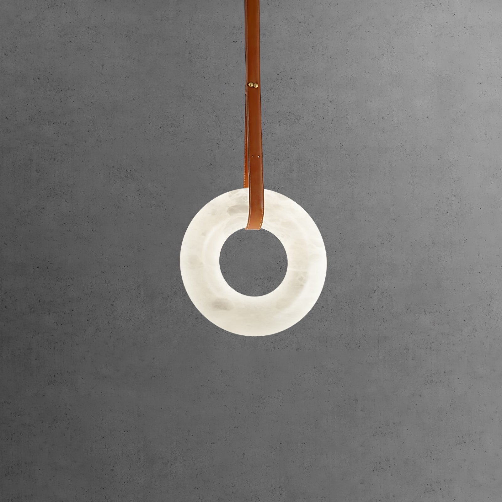 Modern Alabaster Ring LED Pendant Light with Leather Strap Detail