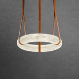Modern Alabaster Ring LED Pendant Light with Leather Strap Detail
