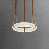 Modern Alabaster Ring LED Pendant Light with Leather Strap Detail