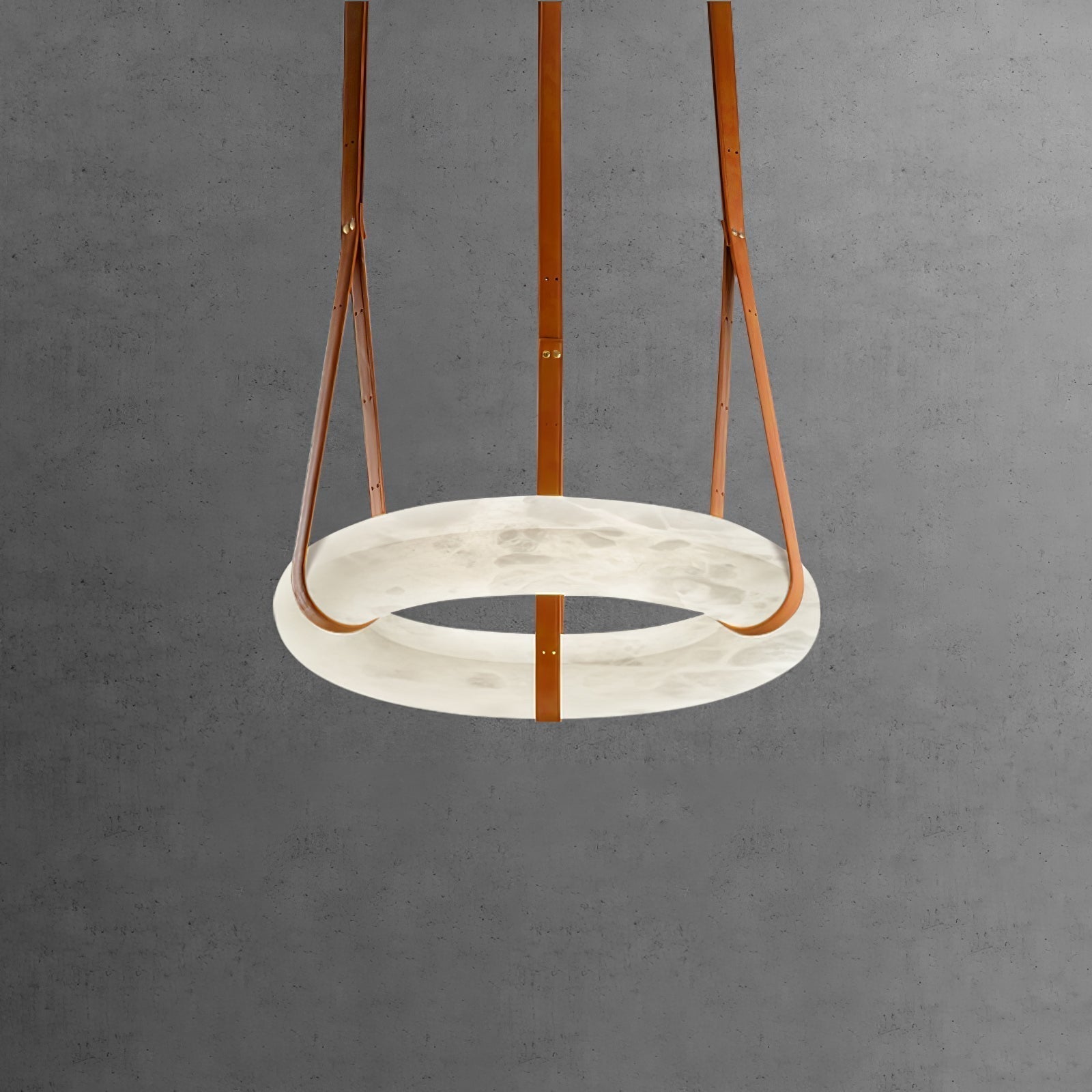Modern Alabaster Ring LED Pendant Light with Leather Strap Detail