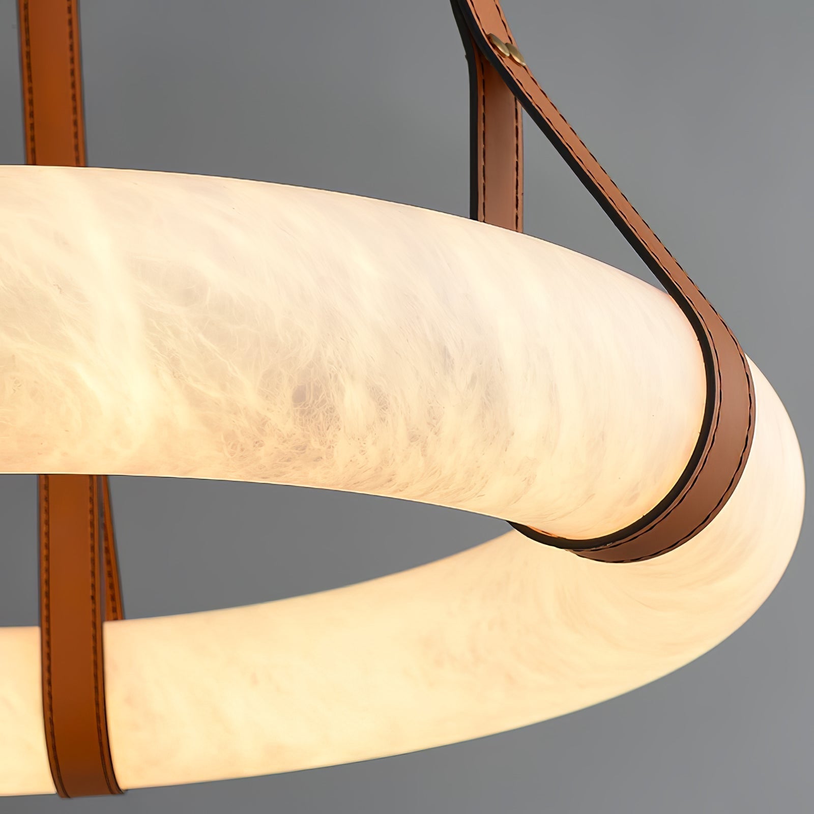 Modern Alabaster Ring LED Pendant Light with Leather Strap Detail