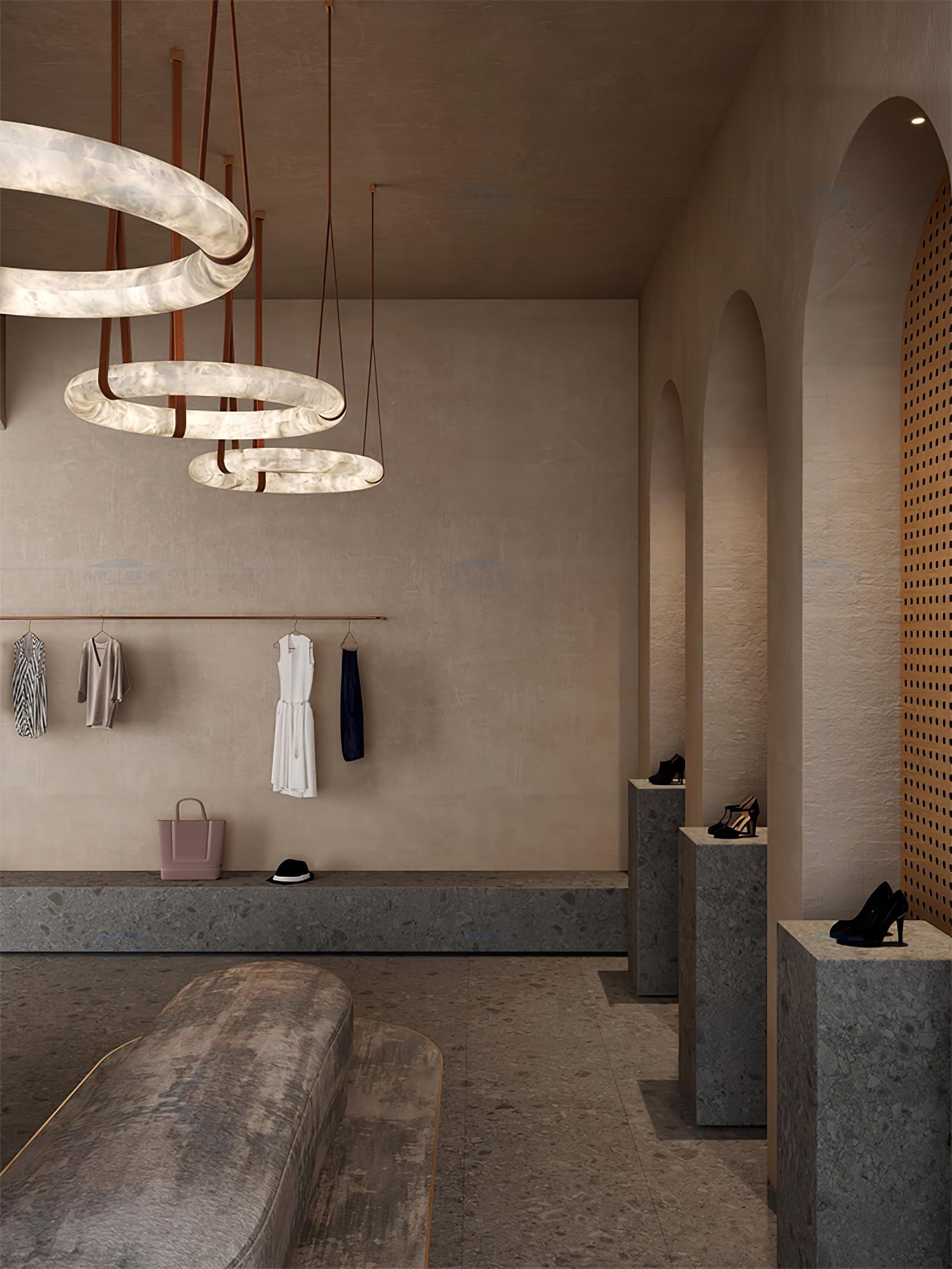 Modern Alabaster Ring LED Pendant Light with Leather Strap Detail