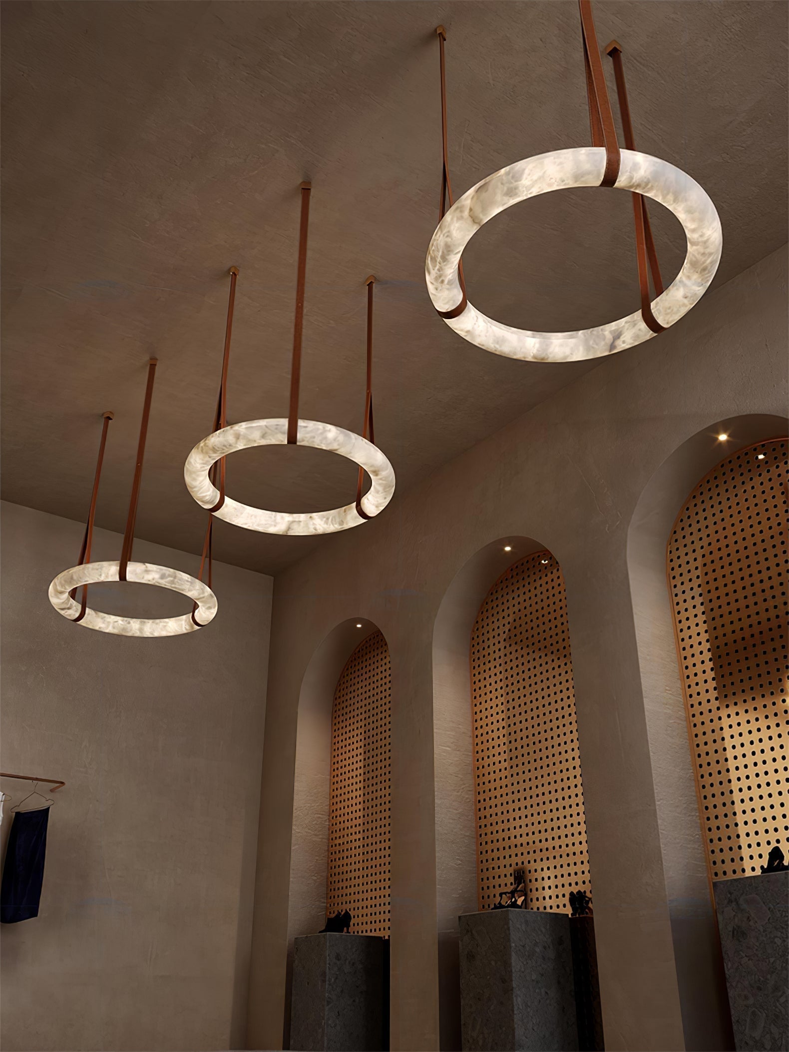 Modern Alabaster Ring LED Pendant Light with Leather Strap Detail