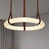 Modern Alabaster Ring LED Pendant Light with Leather Strap Detail
