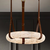 Modern Alabaster Ring LED Pendant Light with Leather Strap Detail