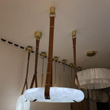 Modern Alabaster Ring LED Pendant Light with Leather Strap Detail